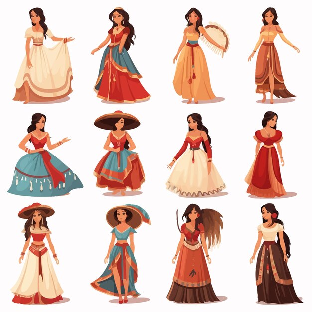 Vector conjunto de personajes femeninos vestidos históricamente