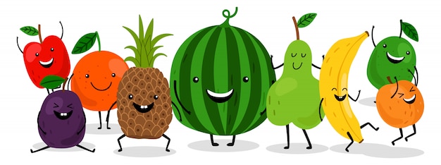 Conjunto de personajes de frutas kawaii lindo ilustración de frutas felices