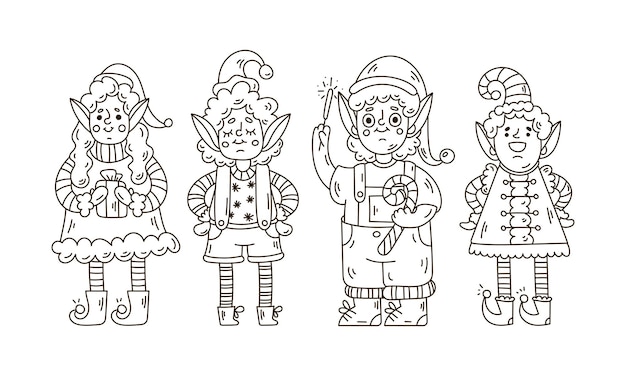 Conjunto de personajes de garabatos navideños para colorear páginas de libros Lindos duendes de Santa Claus niños y niñas