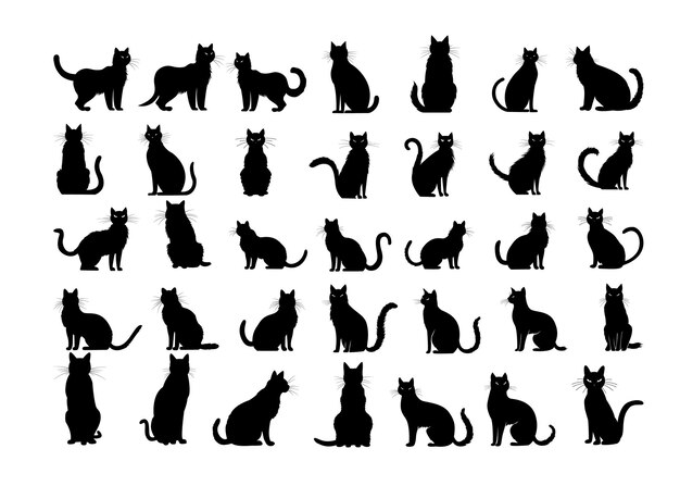 Conjunto de personajes de gatos negros para silueta de Halloween dibujada a mano