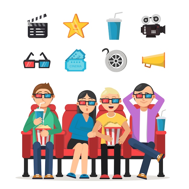 Vector conjunto de personajes de gente divertida viendo cine en cine.