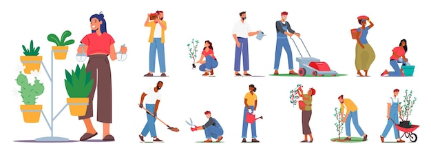 Vector conjunto de personajes de granjeros o jardineros jardinería cultivo de plantas fomento de flores hombres y mujeres plantando riego y cultivo de árboles y plantas de interior personas de dibujos animados ilustración vectorial