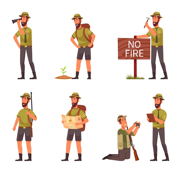 Conjunto de personajes de guardabosques vectoriales