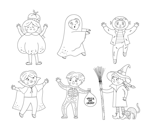 Conjunto de personajes de halloween en blanco y negro vector lindo niños en disfraces de miedo