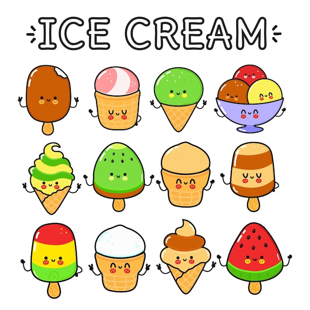 Un conjunto de personajes de helado divertidos, lindos y felices.