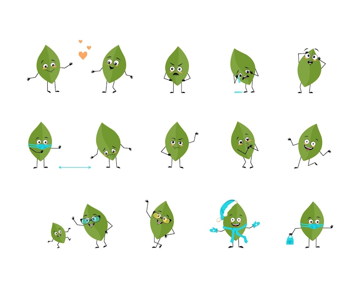 Vector conjunto de personajes de hoja verde con emociones felices o tristes pánico amoroso o cara valiente manos y piernas