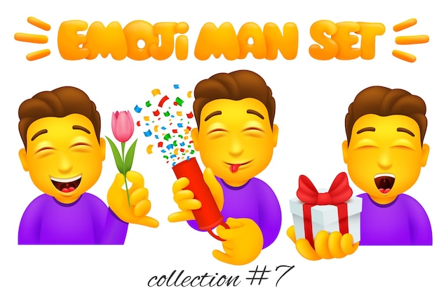 Vector conjunto de personajes de hombre emoji. colección de emoticonos de estilo de dibujos animados. accesorios de cumpleaños flor, caja de regalo, galleta