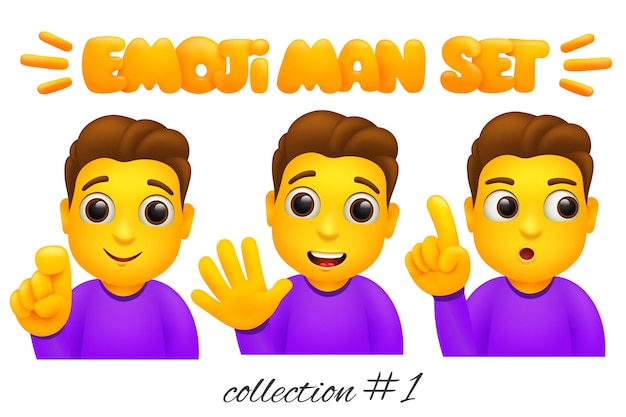 Vector conjunto de personajes de hombre emoji. colección de emoticonos de estilo de dibujos animados. hola, pensando, señalando gestos