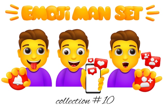 Vector conjunto de personajes de hombre emoji. colección de emoticonos de estilo de dibujos animados. iconos de redes sociales, smartphone.