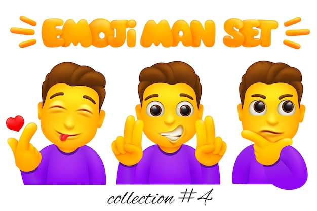 Vector conjunto de personajes de hombre emoji. colección de emoticonos de estilo de dibujos animados. reflejando, haciendo corazón, bang gestos