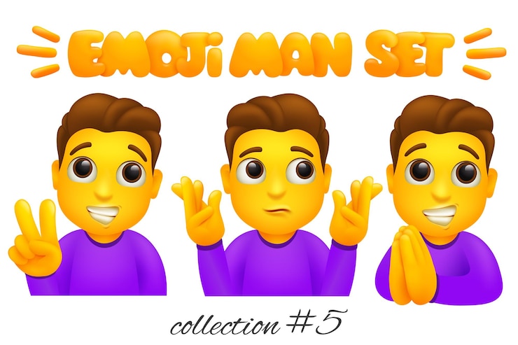 Vector conjunto de personajes de hombre emoji. colección de emoticonos de estilo de dibujos animados. victoria, confusión, gestos de oración.
