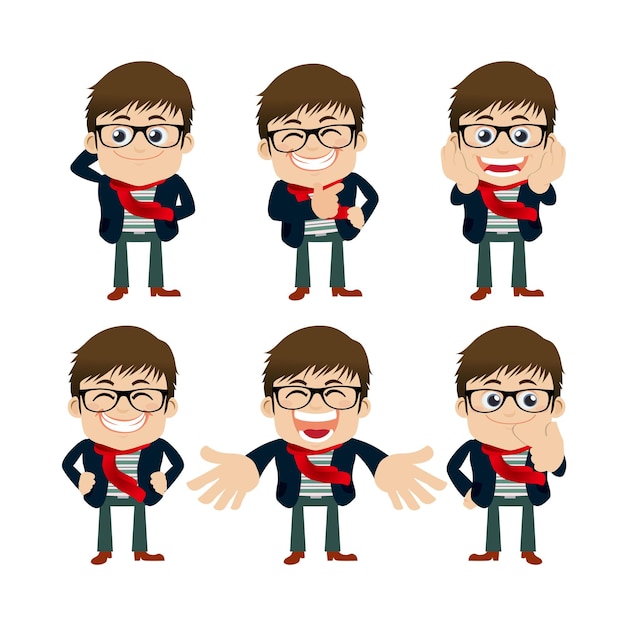 Vector conjunto de personajes de hombre joven en diferentes emociones.