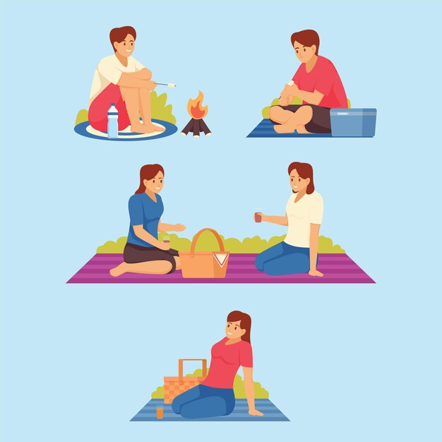 Conjunto de personajes de hombre y mujer de picnic