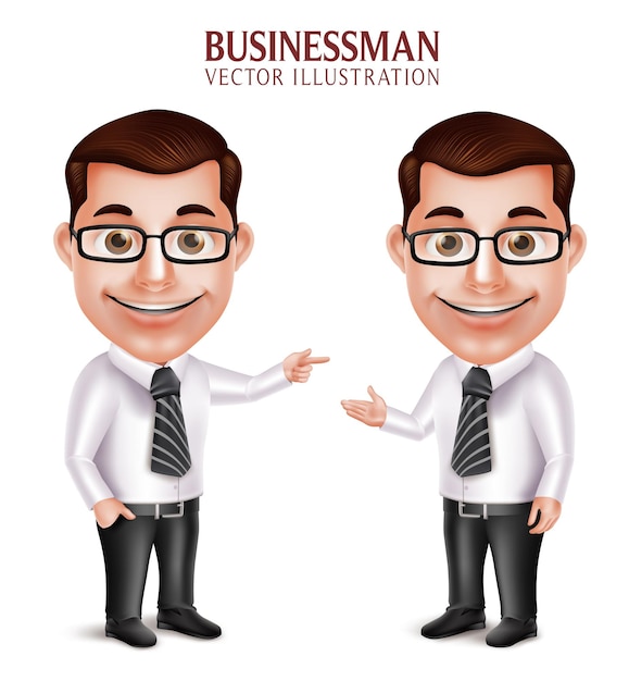 Vector conjunto de personajes de hombre de negocios profesional realista en 3d señalando y presentando