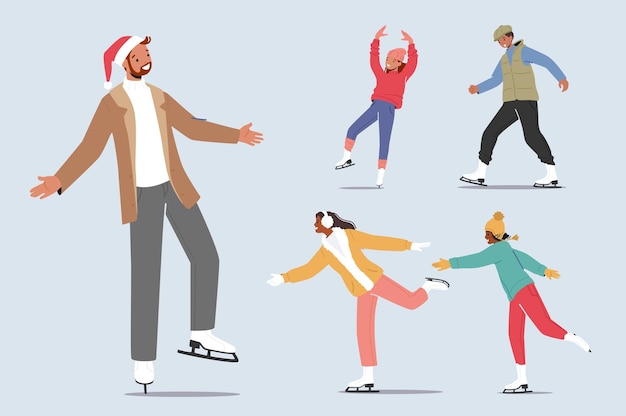 Conjunto de personajes de hombres y mujeres patinaje artístico en pista de hielo. Gente feliz Ocio y actividades al aire libre, deporte de invierno