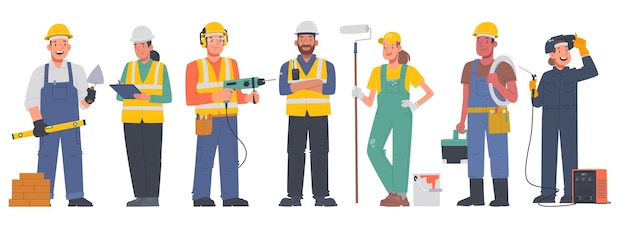 Vector conjunto de personajes hombres mujeres profesiones de trabajo constructores uniformes chaleco de protección casco_ai_generado