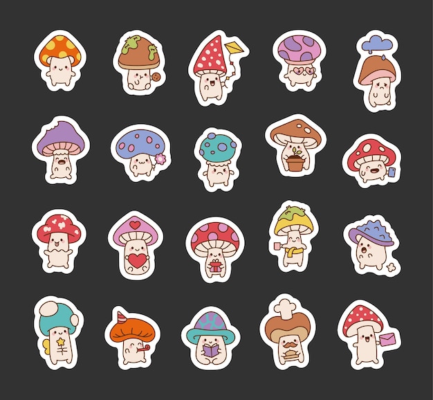Conjunto de personajes de hongo con lindo kawaii
