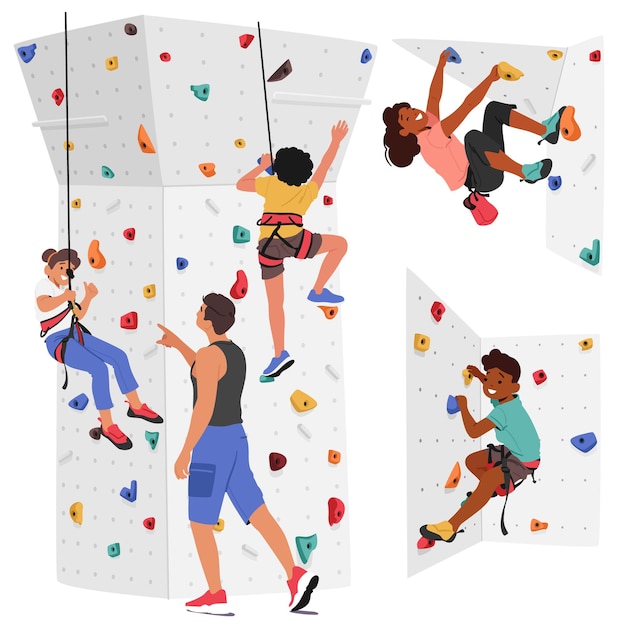 Conjunto de personajes infantiles escalan un muro de escalada con la ayuda de su entrenador concepto de emoción de aventura al aire libre