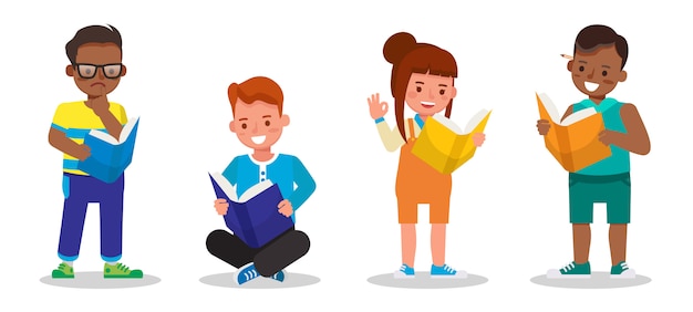 Vector conjunto de personajes infantiles. niños estudiando y aprendiendo juntos. niños y niñas leyendo libros. no. 4