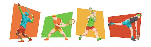 Conjunto de personajes de jugadores de tenis masculinos con diferentes poses aislados en fondo blanco Vector plano