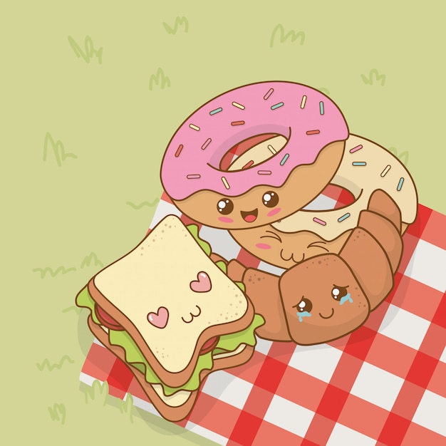 Conjunto de personajes de kawaii de comida de camping.