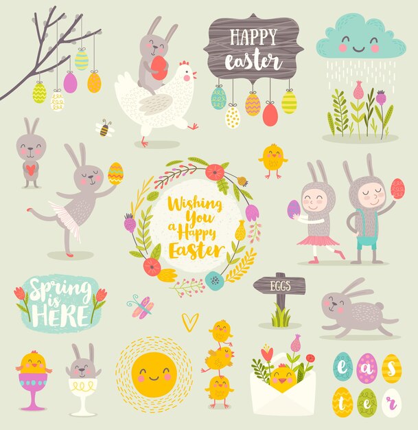 Conjunto de personajes lindos de dibujos animados de Pascua y elementos de diseño