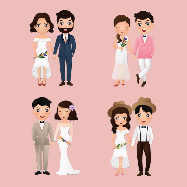 Conjunto de personajes lindos novios. día de la boda