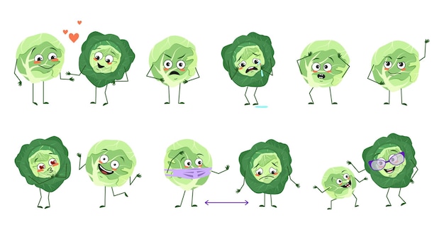 Conjunto de personajes lindos repollo con emociones caras brazos y piernas héroes felices o tristes verduras juegan ...