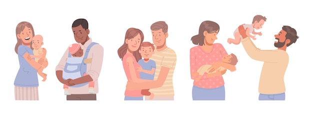 Conjunto de personajes de mamá y papá con bebés padres jóvenes felices hijos recién nacidos_ai_generados