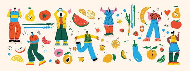 Conjunto de personajes masculinos y femeninos con comida saludable Gente con frutas y verduras