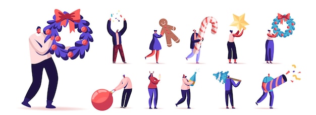 Vector conjunto de personajes masculinos y femeninos con cosas de año nuevo. hombres y mujeres sosteniendo corona decorada, árbol de navidad y confeti, chuchería y dulces aislados sobre fondo blanco. ilustración de personas de dibujos animados