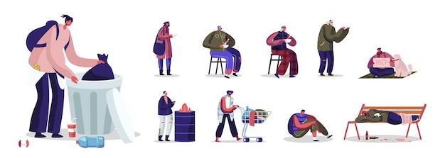 Conjunto de personajes masculinos y femeninos sin hogar, hombres y mujeres mendigos con ropa andrajosa recogen basura en la calle pobres vagabundos pidiendo dinero aislado sobre fondo blanco. Ilustración de personas de dibujos animados