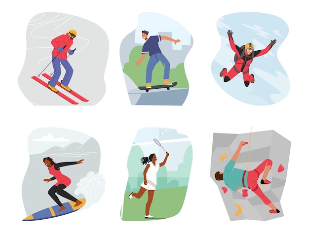 Conjunto de personajes masculinos y femeninos participan en vacaciones extremas hombres y mujeres esquiando paracaidismo montando longboard y tabla de surf jugando tenis y escalando rocas personas de dibujos animados ilustración vectorial