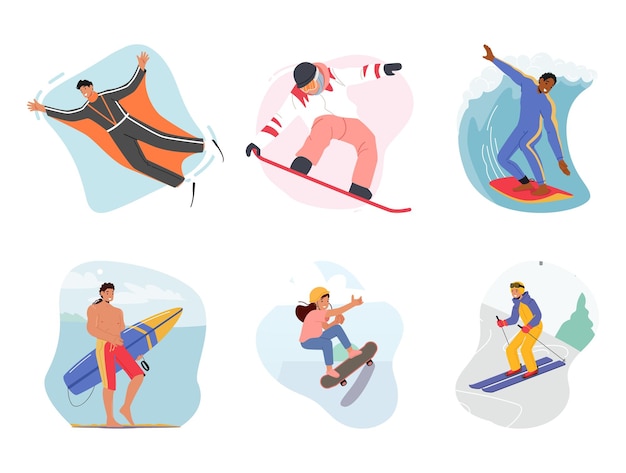 Conjunto de personajes masculinos y femeninos participan en vacaciones extremas, hombres y mujeres volando con el traje de alas, montando snowboard, tabla de surf, esquís y patinetas, dibujos animados, personas, ilustración vectorial