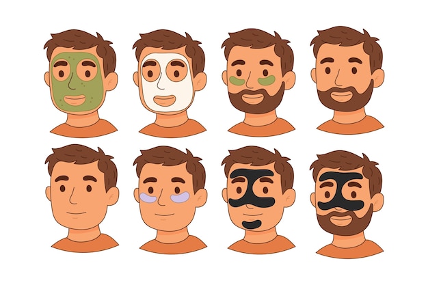 Conjunto de personajes masculinos que usan diferentes máscaras faciales para el cuidado de la piel