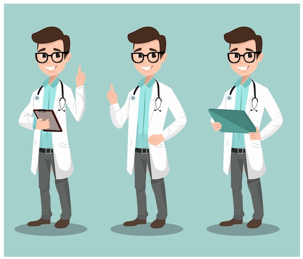 Conjunto de personajes médicos con gafas y un estetoscopio en diferentes poses de diseño vectorial