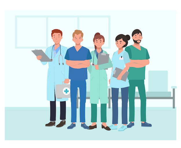 Conjunto de personajes médicos Grupo de personal médico del hospital de pie juntos Trabajadores de medicina masculinos y femeninos Ilustración de vector plano