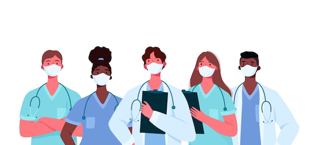 Vector conjunto de personajes de médicos en mascarilla médica blanca