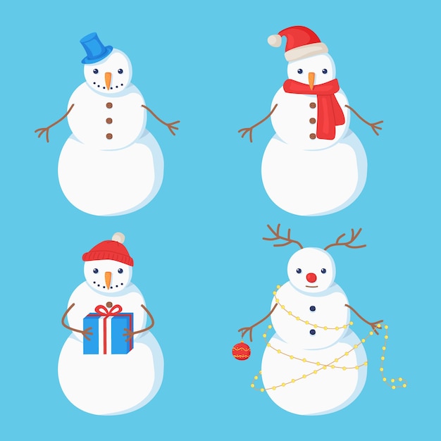 Conjunto de personajes de muñeco de nieve de año nuevo en estilo de dibujos animados planos