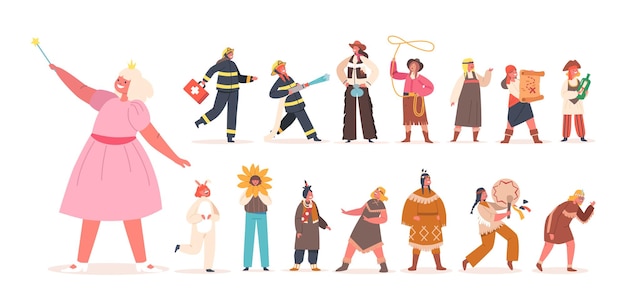 Conjunto de Personajes de Niñas Diversión y Juegos Aislados en Fondo Blanco Niños Jugando en Bomberos Indios