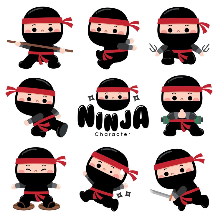 Vector conjunto de personajes de ninja lindo de dibujos animados disfraz de ninja para niños