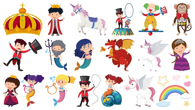 Conjunto de personajes y objetos de dibujos animados de cuento de hadas aislados