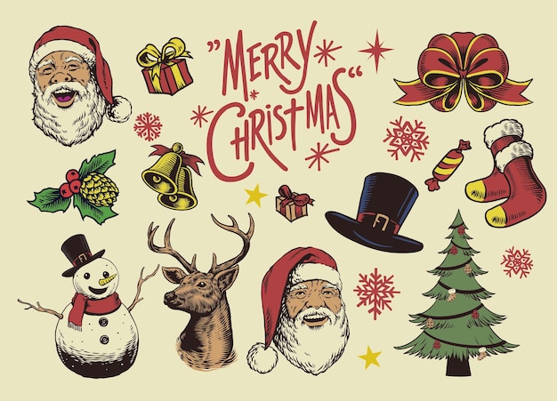Conjunto de personajes y objetos navideños dibujados a mano