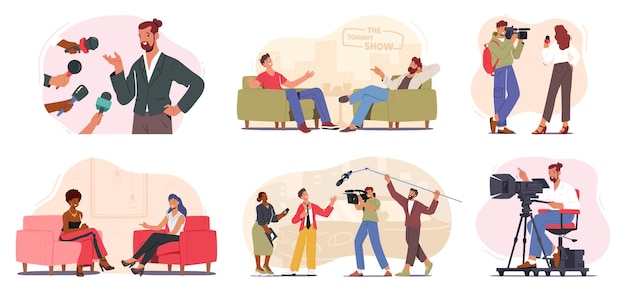 Conjunto de personajes participan en cautivadores programas de televisión presentadores periodistas invitados se comunican en entornos de estudio vibrantes crean programas para los espectadores personas de dibujos animados ilustración vectorial