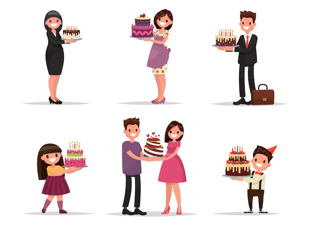 Conjunto de personajes con un pastel. Empleado de oficina, empresario, ama de casa, los niños celebran. ilustración en un estilo