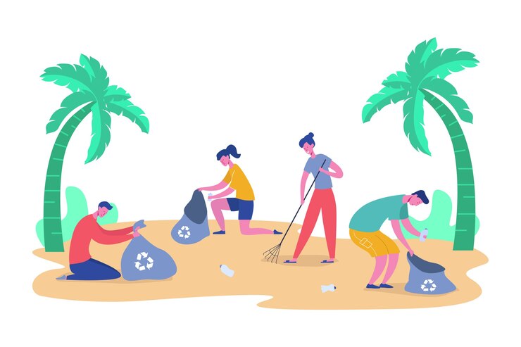 Vector conjunto de personajes de personas voluntarias recogiendo basura y desechos plásticos para reciclaje, protección ambiental y separación para reducir la contaminación del medio ambiente concepto s