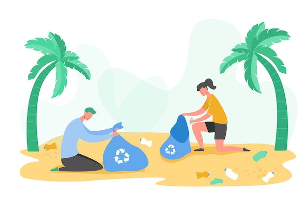 Conjunto de personajes de personas voluntarias recogiendo basura y desechos plásticos para reciclaje, protección ambiental y separación para reducir la contaminación del medio ambiente concepto s