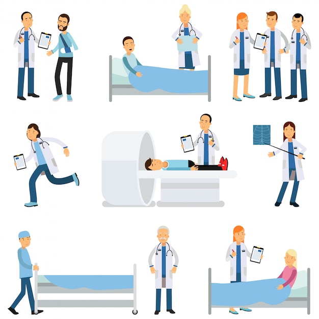 Conjunto de personajes planos de trabajadores médicos y personas enfermas en diferentes situaciones