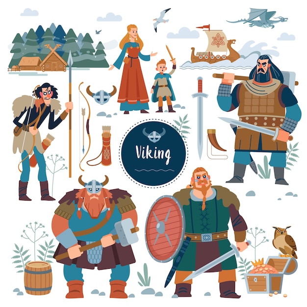 Vector conjunto de personajes planos vikingos