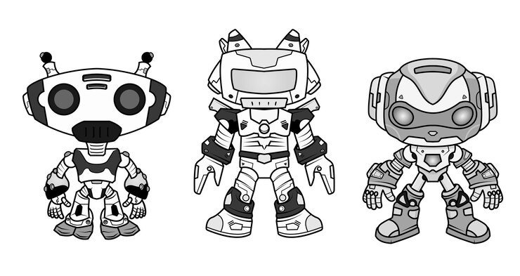 Vector conjunto de personajes robóticos en blanco y negro robot detallado para proyectos de conceptos de chatbot